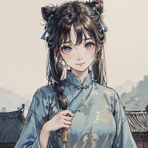 <lora:Moxin_10:0.35> <lora:Moxin_Shukezouma11:0.35> <lora:koreanDollLikeness_v10:0.3>(ultra high res,photorealistic,realistic,best quality,photo-realistic), (high detailed skin,visible pores),(real person,photograph), (((blue hanfu,chinese style))),realistic,simple background,upper body, (8k, raw photo, best quality, masterpiece),(1 girl),photon mapping, radiosity, physically-based rendering,automatic white balance,(((haunting smile,long hair))),watery eyes, (blush|cute and playful|adorable|skinny|thick bangs|beauty|twintail|hair bun,),(looking at viewer),(irises and pupils are rounded,the pupil reflects the surroundings,eyes are not the same size), chinese street, scenery, morning