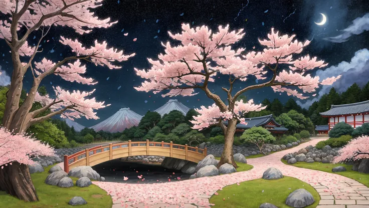 best quality, 8k, masterpiece, intricate details, ultra high resolution, (japanese style, cherry blossom:1.2), (cherry blossom petal storm:1.4), zen garden, (rough stone pathway:0.9), (river:0.8), night, stars, crescent moon <lora:Moxin_10:0.4>