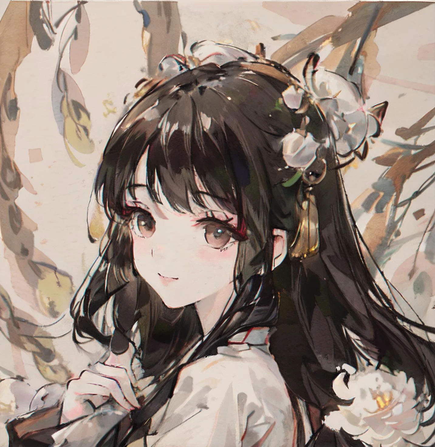 1 GIRL, Chinese dress, holding Chinese traditional umbrella, white flower ,wood background ,black hair, white dress, ,portrait of a woman standing , willow branches, (masterpiece, best quality:1.2), traditional chinese ink painting, <lora:shuimobysimV3:0.7>, modelshoot style, peaceful, (smile), looking at viewer, wearing long hanfu, hanfu, song, willow tree in background, textured