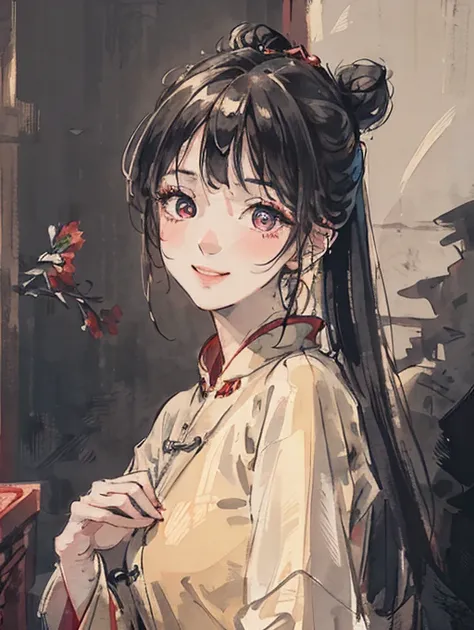 (8k, RAW photo, best quality, masterpiece:1.2), (realistic, photo-realistic:1.37), best quality, ultra high res, professional lighting, photon mapping, radiosity, physically-based rendering, cinematic lighting, (((red hanfu,chinese style))),(Red pupils)realistic,simple background,upper body, (8k, raw photo, best quality, masterpiece),(1 girl),photon mapping, radiosity, physically-based rendering,automatic white balance,(((haunting smile,long hair))),watery eyes, (blush|cute and playful|adorable|skinny|beauty|side ponytail|hair bun,),(looking at viewer),(irises and pupils are rounded,the pupil reflects the surroundings,eyes are not the same size)(red eyes), <lora:Moxin_10:0.35> <lora:Moxin_Shukezouma10:0.3> <lora:Moxin_Shukezouma11:0.3>