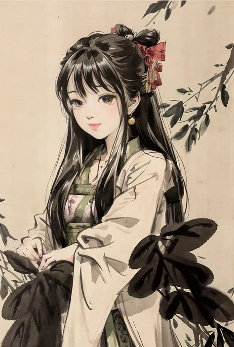 shukezouma, negative space, , shuimobysim , <lora:shuV2:0.8>, portrait of a woman standing , willow branches, (masterpiece, best quality:1.2), traditional chinese ink painting, <lora:shuimobysimV3:0.7>, modelshoot style, peaceful, (smile), looking at viewer, wearing long hanfu, hanfu, song, willow tree in background, wuchangshuo,