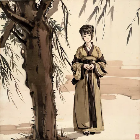 shukezouma, negative space, , shuimobysim , <lora:shuV2:0.8>, portrait of a man standing,male,willow branches,(masterpiece, best quality:1.2), traditional chinese ink painting, <lora:shuimobysimV3:0.7>, modelshoot style,peaceful, (smile), looking at viewer, wearing long hanfu,willow tree in background, character in middle