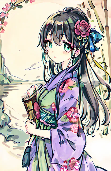 badashanren, kinomoto sakura, 1girl, looking at viewer, green eyes, long eyelashes, bamboo forest, steam, lake, cowboy shot, flower in eye, <lora:Moxin_1010:0.8>, <lora:Moxin_Shukezouma:0.8>