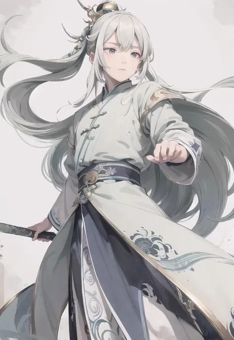 masterpiece, best quality, official art, 8k wallpaper, highly detailed, illustration, ((1 man)), detailed eyes, blue eyes, green gradient hanfu, intricate filigree,  dynamic pose, (iridescent colored long hair:1.1), (white hair:1.2), floating hair,  east asian architecture, chinese street, scenery, morning,<lora:Moxin_10:0.35> <lora:Moxin_Shukezouma11:0.35>