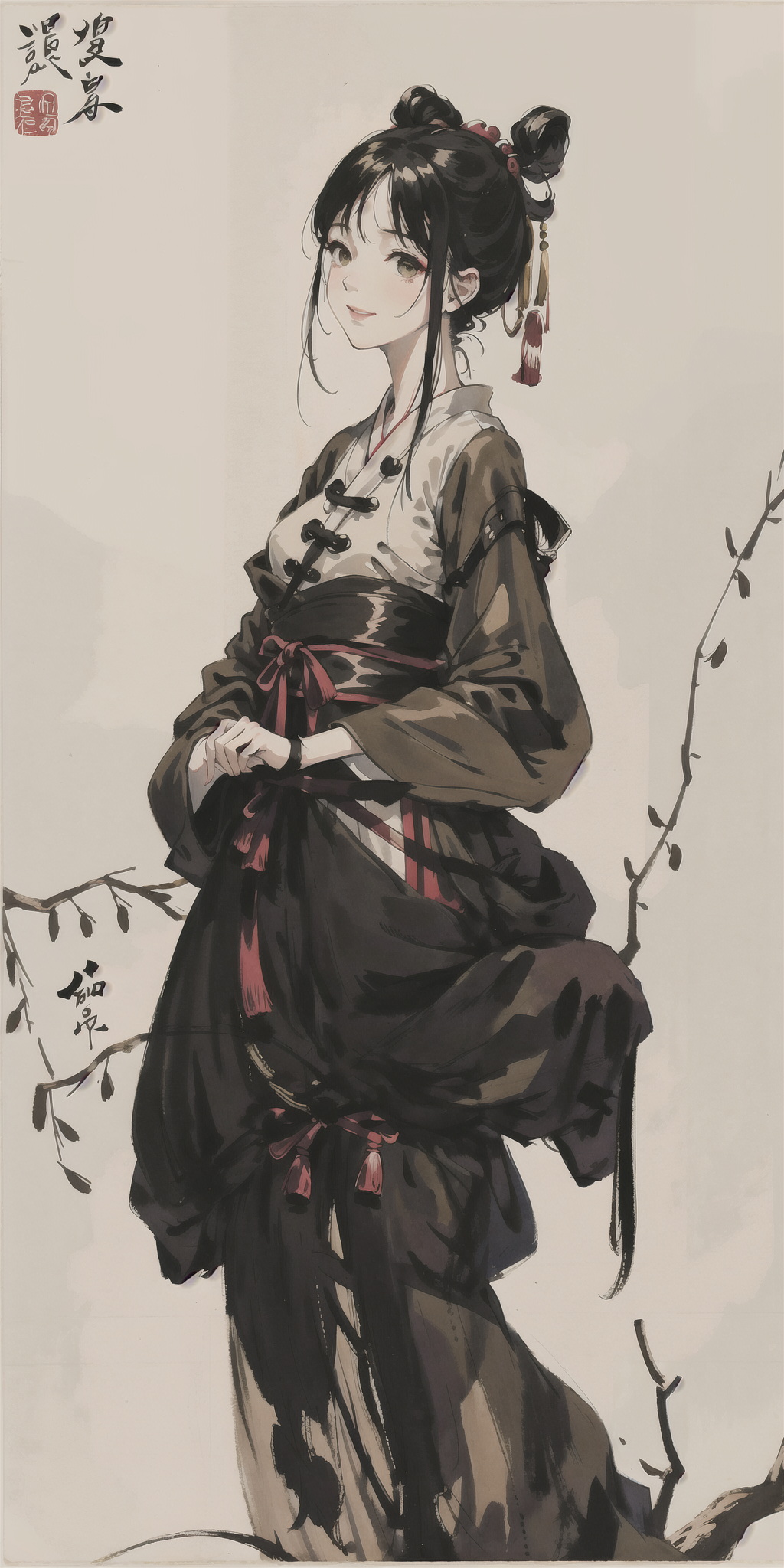 A painting of a woman in a kimono dress standing next to a tree - SeaArt AI