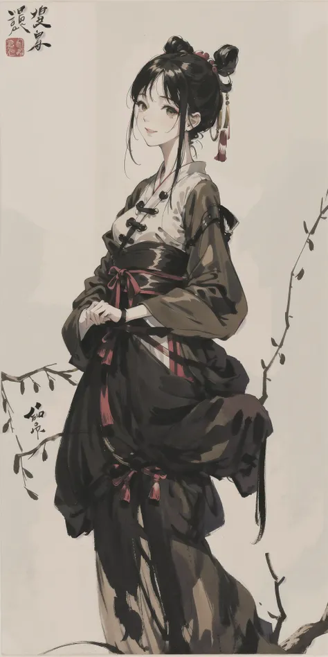 shukezouma, negative space, shuimobysim, portrait of a woman standing , willow branches, (masterpiece, best quality:1.2), traditional chinese ink painting, modelshoot style, peaceful, (smile), looking at viewer, wearing long hanfu, hanfu, song, willow tree in background, wuchangshuo, <lora:Moxin_10:0.35> <lora:Moxin_Shukezouma10:0.77>