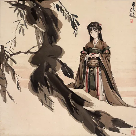 shukezouma, negative space, , shuimobysim , <lora:shuV2:0.8>, portrait of a man standing , male,willow branches, (masterpiece, best quality:1.2), traditional chinese ink painting, <lora:shuimobysimV3:0.7>, modelshoot style, peaceful, (smile), looking at viewer, wearing long hanfu, hanfu, song, willow tree in background, wuchangshuo,