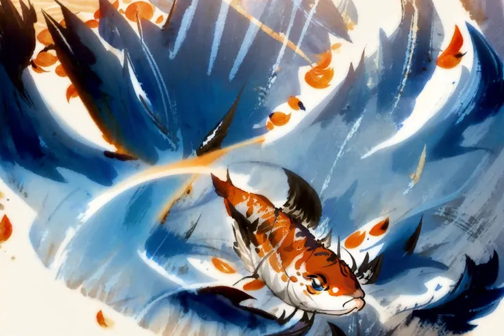koi fish white and blue, professional oil painting by Ed Blinkey, Atey Ghailan, Jeremy Mann, Greg Manchess, Alex Gray, trending on ArtStation, trending on CGSociety, intricate, high detail, sharp focus, dramatic, award winning matte drawing cinematic lighting octane render unreal engine volumetrics dtx <lora:Moxin_10:1> <lora:rnarccusStyle_1:1>