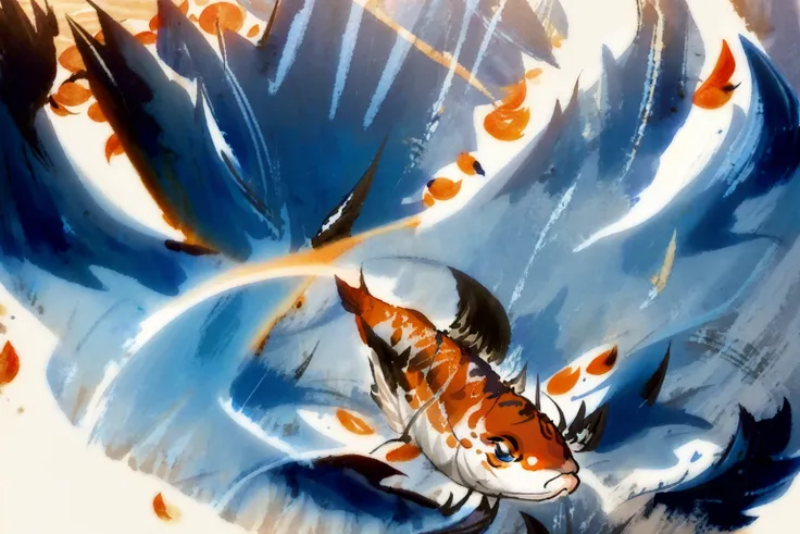koi fish white and blue, professional oil painting by Ed Blinkey, Atey Ghailan, Jeremy Mann, Greg Manchess, Alex Gray, trending on ArtStation, trending on CGSociety, intricate, high detail, sharp focus, dramatic, award winning matte drawing cinematic lighting octane render unreal engine volumetrics dtx <lora:Moxin_10:1> <lora:rnarccusStyle_1:1>
