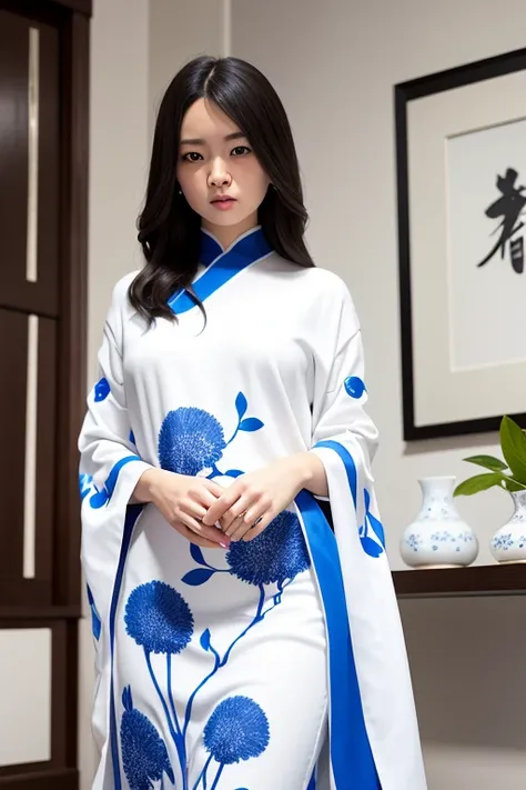 shukezouma, negative space, , shuimobysim , <lora:shukezouma_v1_1:0.8>, portrait of a woman standing , A person waiting for their love, admiring the beauty of Chinese blue and white porcelain. standing in a dimly lit room, gazing at a stunning piece of white porcelain on display. a room decorated with antique chinese furniture, atmosphere is tranquil and peaceful. detailed porcelain piece, a pure white background on blue designs, a mesmerizing eyes. a illustration that mimics traditional chinese brushwork, with precise lines and bold strokes. detailed of the porcelain and the person's facial expression.