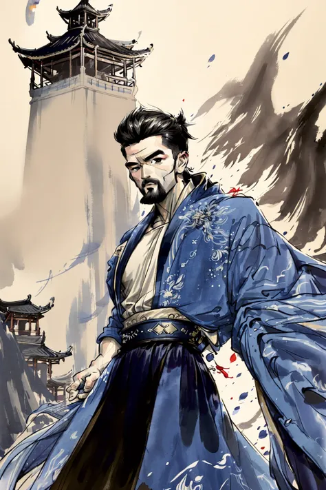 (1 guy), blue ombre hanfu, asian (man) looking at the viewer, standing pose, action pose, detailed background, asian architecture, pagoda, wide angle, professional oil painting by Ed Blinkey, Atey Ghailan, Jeremy Mann, Greg Manchess, Alex Gray, trending on ArtStation, trending on CGSociety, intricate, high detail, sharp focus, dramatic, award winning matte drawing cinematic lighting octane render unreal engine volumetrics dtx <lora:Moxin_10:1>  <lora:silverjowStyleLora_silverjowStyleV2:1>
