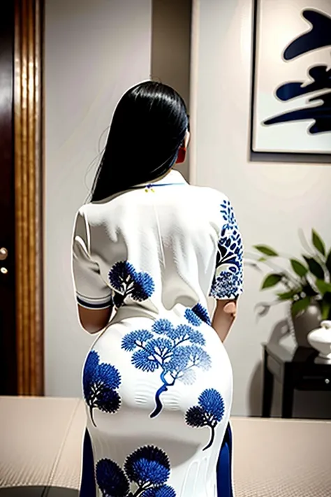 shukezouma, negative space, , shuimobysim , <lora:shukezouma_v1_1:0.8>, portrait of a woman standing , A person waiting for their love, admiring the beauty of Chinese blue and white porcelain. standing in a dimly lit room, gazing at a stunning piece of white porcelain on display. a room decorated with antique chinese furniture, atmosphere is tranquil and peaceful. detailed porcelain piece, a pure white background on blue designs, a mesmerizing eyes. a illustration that mimics traditional chinese brushwork, with precise lines and bold strokes. detailed of the porcelain and the person's facial expression.
