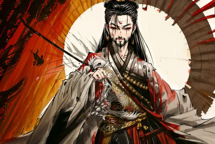 (1 guy), red to yellow ombre hanfu, ((full body)), ((man)) looking at the viewer, black chopsticks in his hair, floating white hair, standing pose, action pose, ((holding an open japanese fan with intricate details over his face)), holding a japanese umbrella, detailed background, asian architecture, detailed pagoda, wide angle, phoenix flying in the background, professional oil painting by Ed Blinkey, Atey Ghailan, Jeremy Mann, Greg Manchess, Alex Gray, trending on ArtStation, trending on CGSociety, intricate, high detail, sharp focus, dramatic, award winning matte drawing cinematic lighting octane render unreal engine volumetrics dtx <lora:Moxin_10:1> <lora:rnarccusStyle_1:1>