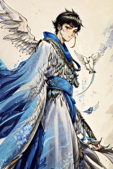 phoenix bird male white and blue soaring into the open sky, professional oil painting by Ed Blinkey, Atey Ghailan, Jeremy Mann, Greg Manchess, Alex Gray, trending on ArtStation, trending on CGSociety, intricate, high detail, sharp focus, dramatic, award winning matte drawing cinematic lighting octane render unreal engine volumetrics dtx <lora:Moxin_10:1> <lora:rnarccusStyle_1:1>