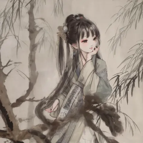 highly detailed,extremely detailed CG unity 8k wallpaper, masterpiece, illustration, highres, absurdres, <lora:Moxin_10:0.85>, shuimobysim, wuchangshuo, bonian, zhenbanqiao, badashanren, traditional chinese ink painting, modelshoot style, peaceful, (smile), looking at viewer, wearing long hanfu, hanfu, song, willow tree in background, wuchangshuo,