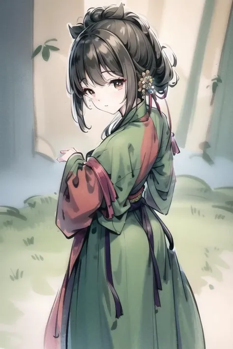Highly detailed, Professional, Vivid Colors, highres, best quality, masterpiece, 8k uhd, 1man, full body, high detailed face, high mountain in background, <lora:elegantHanfuRuqun_v10:0.6>, ((hands behind her back)), red AND green hanfu, <lora:Moxin_10:0.6>, (((Positive picture)))