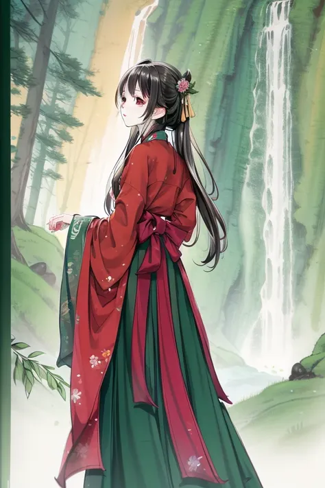 Highly detailed, Professional, Vivid Colors, highres, best quality, masterpiece, 8k uhd, 1girl, full body, high detailed face, high mountain in background, <lora:elegantHanfuRuqun_v10:0.6>, ((hands behind her back)), red AND green hanfu, <lora:Moxin_10:0.6>, (((Positive picture)))