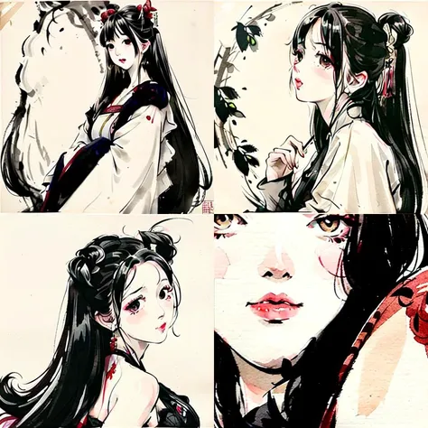 (masterpiece, best quality:1.2),shuimobysim,negative space,portrait of a lady, (traditional chinese ink painting:1.5), smile, red lips,wuchangshuo <lora:Moxin_10:0.6>