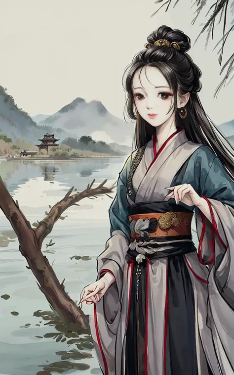 shukezouma, negative space, , shuimobysim , portrait of a woman standing , willow branches, (masterpiece, best quality:1.2), traditional chinese ink painting, (traditional Chinese painting), monochrome, modelshoot style, peaceful, (smile), looking at viewer, wearing long hanfu, hanfu, song, willow tree in background, wuchangshuo, Distant mountains, small lakes, gazebos, lonely boats,<lora:Moxin_10:0.65>