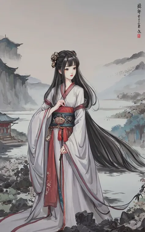 shukezouma, negative space, , shuimobysim , portrait of a woman standing , willow branches, (masterpiece, best quality:1.2), traditional chinese ink painting, (traditional Chinese painting), monochrome, modelshoot style, peaceful, (smile), looking at viewer, wearing long hanfu, hanfu, song, willow tree in background, wuchangshuo, Distant mountains, small lakes, gazebos, lonely boats,<lora:Moxin_10:0.65>