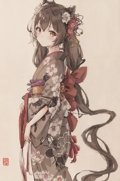 shuimobysim, traditional chinese ink painting, [lotus], kimono, 1girl <lora:Moxin_10:0.3> <lora:Moxin_Shukezouma11:0.7>, very long hair, masterpiece, best quality, low twintails <lora:karyl_v1:1>