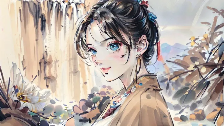 traditional chinese ink painting<lora:Moxin_10:0.7>,flower,butterfly, grass,dawn,near the lake,waterfall, trees,
shukezouma<lora:Shukezouma-1.1:0.3>,Nova,1girl.solo,wearing hanfu, more cloth,breasts,sexy attire, perfect body, jewelry and necklace,[((correct fingers,beautiful hands))], earrings,happy, grin, (blush|cute and playful|adorable|skinny|thick bangs|beauty|twintail|short hair|hair bun,),
[(full body,from everywhere,from below)],
(ultra high res,photorealistic,realistic,best quality,photo-realistic), (high detailed skin,visible pores),(real person,photograph),realistic,, (8k, raw photo, best quality, masterpiece),photon mapping, radiosity, physically-based rendering,automatic white balance,watery eyes, (looking at viewer),(irises and pupils are rounded,the pupil reflects the surroundings,eyes are not the same size),