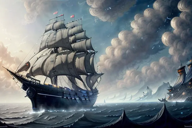 ((best quality)), ((masterpiece)), (dark dim dramatic atmosphere)
((The black pearl)), (sunk into the sea),pirates of the caribbean,(Underwater glowing strange light:1.4) billow, 
intricate, highly detailed,(digital painting:1.8),futuristic, smooth,conceptart, sharp focus, (unreal engine 5, 8k)  <lora:linesk_style:0.8> <lora:MoXinV1:0.35> shuimobysim, wuchangshuo, bonian, zhenbanqiao, badashanren,