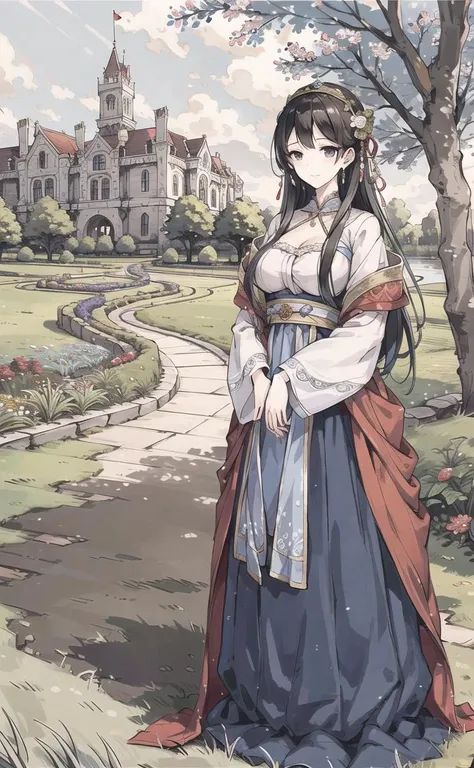 a woman dressed in medieval dress from 16th century,standing in a garden,outside of a castle,sexy,photorealistic,<lora:MoXin-1.0:0.62>,