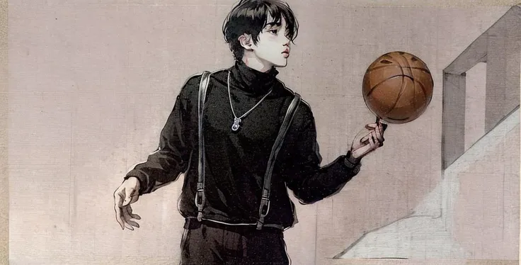 <lora:MoXin-1.0:0.7> <lora:shukezouma_v1_1:0.8>,shukezouma, negative space, , shuimobysim , (masterpiece, best quality:1.2), necklace,1boy,basketball,