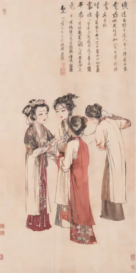 (8k, raw photo, masterpiece, illustration,ultra high res,photorealistic,realistic,best quality,real person,photograph),
(technological sense, best quality,unity,wallpaper, official art, Amazing, finely detail, an extremely delicate and beautiful,extremely detailed, highly detailed, sharp focus),
rich background,
full body, multiple girls, long sleeves, hair ornament, chinese clothes, black hair, standing, hair flower,makeup, dress, hanfu, red lips, dressing another, simple background, single hair bun, hair bun, brown hair, lipstick, looking at another, braid,
<lora:Moxin_10:0.7>,shuimobysim,<lora:shukezouma_v1_1:0.8>,shukezouma, <lora:xrs2.0:0.3>,