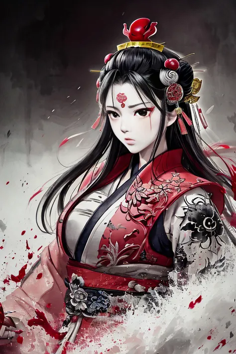 dramatic angle,(fluttered detailed ink splashs), (illustration),(((1 girl))),(long hair),(rain:0.6),((expressionless ,Carmine hair ornament:1.4)),(There is a palace far away from the girl),chinese clothes,((focus on the girl)), color Ink wash painting,(ink splashing),(Huaqing splashing),((colorful)),[sketch], Masterpiece,best quality, beautifully painted,highly detailed,(denoising:0.7),[splash ink],yin yang ,<lora:WuMo2:0.8>shuimobysim ,<lora:Moxin_1010:0.4>