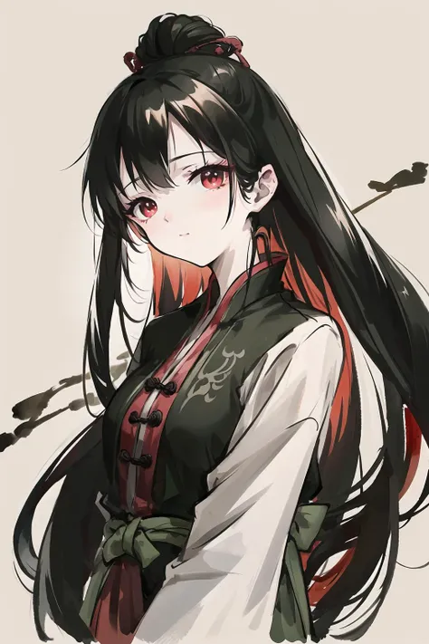 black hair,red eyes, hanfu,scabbard,wuxia,sword, bamboo forest,enemy,
negative space, shuimobysim , portrait of a woman standing , (masterpiece, best quality:1.2), traditional chinese ink painting , peaceful, looking at viewer, wearing long hanfu, hanfu, <lora:MoXinV1:0.7>,