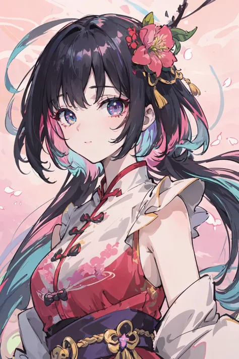 (Highest picture quality),(Master's work),(Detailed eye description),(8K wallpaper)(De-tailed face description),colorful,1girl,chinese clothes,half body,upper body,Iridescence and rainbow eyes,floating and rainbow hair,Iridescence and rainbow dress,Peach Blossom Background,<lora:shuimobysimV3:0.4>,
