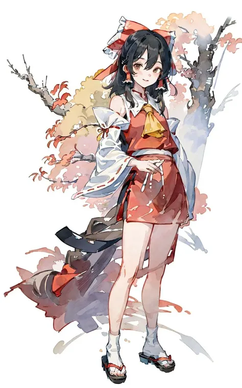 masterpiece, best quality, painting,
(water color painting:1.3), (shukezouma, negative space:1.6), 
(MoXin, shuimobysim, ink wash, chinese ink painting:1.6),
one girl, pretty, (Hakurei Reimu:1.3), smile, 
blush, brown eyes, intricate eyes, heavy eye makeup, bare shoulders, 
red hair bow, frills, wide sleeves, detached sleeves, hair tubes, 
red skirt, red shirt, yellow ascot, bare calf,
peaceful, standing, looking at viewer, (full body:1.2), 
flower tree branch in background, (song, poem, verse, stamp:1.2),
WUCHANGSHUO, BONIAN, ZHENBANQIAO, BADASHANREN