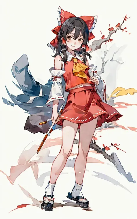 masterpiece, best quality, painting,
(water color painting:1.3), (ink wash, chinese ink painting:1.5),
(shukezouma, negative space, shuimobysim:1.5),
one girl, pretty, (Hakurei Reimu:1.3), smile,
blush, brown eyes, intricate eyes, heavy eye makeup, bare shoulders,
red hair bow, frills, wide sleeves, detached sleeves, hair tubes,
red skirt, red shirt, yellow ascot,
peaceful, standing, looking at viewer, ( full body:1.2),
flower tree branch in background, song, poem, verse, stamp, old parchment paper background