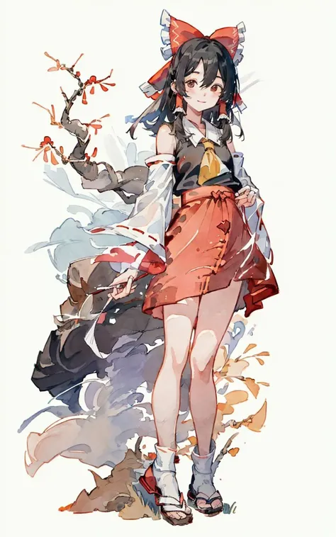 masterpiece, best quality, painting,
(water color painting:1.3), (shukezouma, negative space:1.6),
(MoXin, shuimobysim, ink wash, chinese ink painting:1.6),
one girl, pretty, (Hakurei Reimu:1.3), smile,
blush, brown eyes, intricate eyes, heavy eye makeup, bare shoulders,
red hair bow, frills, wide sleeves, detached sleeves, hair tubes,
red skirt, red shirt, yellow ascot, bare calf, dress,
peaceful, standing, looking at viewer, facing front, (full body:1.2),
flower tree branch in background, (song, poem, verse, stamp:1.2),
WUCHANGSHUO, BONIAN, ZHENBANQIAO, BADASHANREN