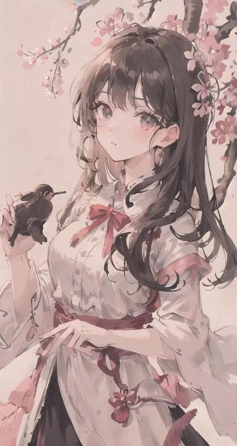 (Highest picture quality), (Master's work), (ultra-detailed), (Detailed eye description:1.2), masterpiece,best quality,absurdres,original,extremely delicate and beautiful,beautiful detailed eyes and face, 1girl, black_hair, cherry blossom, white_clothes, looking_at_viewer, mole, pink_flower, solo,(masterpiece:1.4),(best quality:1.4),