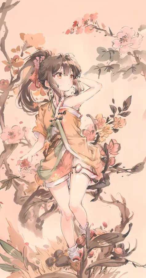 <lora:MoXinV1:0.7> <lora:shukezouma_v1_1:0.8>
1girl, (solo), black hair, long hair, brown eyes, ponytail, simple clothes, hanfu, smooth skin, bare legs, one arm up, socks, grabbing, looking afar
plant, peach blossom, petals, flowers,