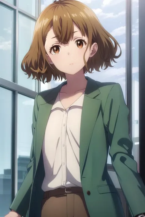 yuzuhamishima, <lora:yuzuha mishima s1-lora-nochekaiser:1>,
yuzuha mishima, short hair, brown hair, (brown eyes:1.5),
BREAK shirt, long sleeves, jacket, white shirt, open clothes, pants, black footwear, watch, green jacket, wristwatch,
BREAK indoors, office,
BREAK looking at viewer, (cowboy shot:1.5),
BREAK <lyco:GoodHands-beta2:1>, (masterpiece:1.2), best quality, high resolution, unity 8k wallpaper, (illustration:0.8), (beautiful detailed eyes:1.6), extremely detailed face, perfect lighting, extremely detailed CG, (perfect hands, perfect anatomy),