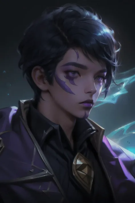 1 man, purple facial mark, depth of the field, (best quality:1.3), ultra detailed, masterpiece, 8k, (extremely detailed:1.2), Aphelios, League of Legends, Aphelios\(League of Legends\), , black hair, <lora:20231120-1700487688486-0009:0.8>, short hair, scar on face, gloomy, side-swept fringe