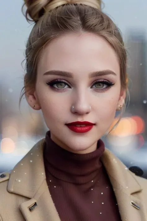 <lora:blondbunny-08:0.6>, blondbunny, photo of a woman, ((hair up, hair in bun, dark brown hair)), ((turtleneck sweater, jacket)), ((closeup, portrait)), ((outdoors, city, at night, snow)),smiling, ((red lipstick, eyeliner, eye shadow, blush)), ((best quality, masterpiece, extreme details, high resolution):1.2),((detailed eyes, beautiful eyes, detailed face, beautiful face):1.2)