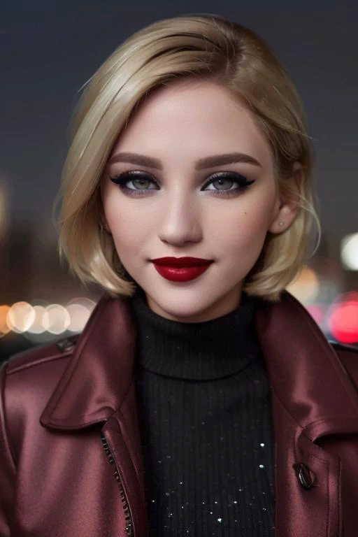 <lora:blondbunny-08:0.6>, blondbunny, photo of a woman, ((short hair, dark brown hair)), ((turtleneck sweater, jacket)), ((outdoors, city, at night, snow)),smiling, ((red lipstick, eyeliner, eye shadow, blush)), ((best quality, masterpiece, extreme details, high resolution):1.2),((detailed eyes, beautiful eyes, detailed face, beautiful face):1.2)
