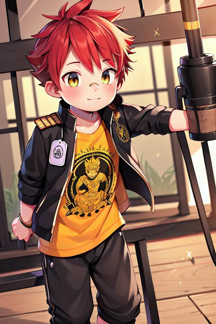 The soft lighting and detailed surroundings create an immersive environment where imagination runs wild <lora:aizen-000007:0.7> 1boy, petitie, male focus, yellow_shirt, jacket, (bandaid on nose:0.5), aizen kunitoshi, red hair, spiky hair, yellow eyes, soft smile,young, juvenile, boy, sparkling eyes, energetic eyes,
<lora:thebrushking:0.45> thebrushking,