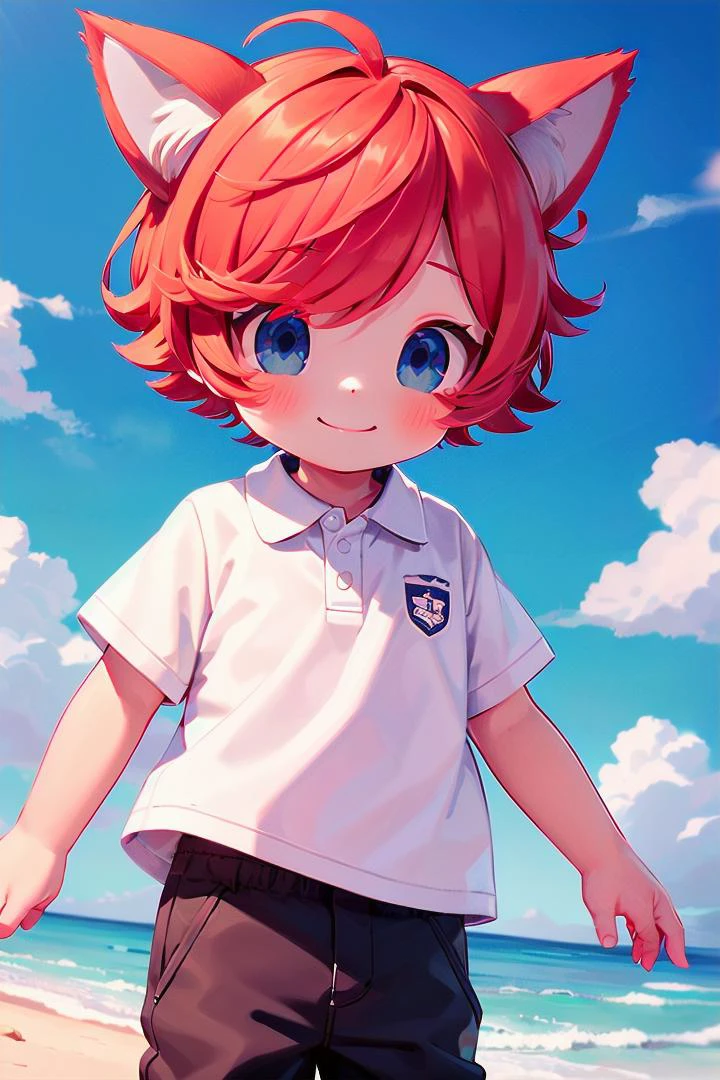 beach, smile, ( crimson cat ears:1.4), (red ears), multicolored hair,1 boy, male face, male body, more details in eyes, very short hair, hair between eyes, cute, adorable boy, cute face, detailed face, handsome, young, juvenile, colorful hair, white skin, colorful eyes, multicolored eyes, eyeshadow, crew cut, crimson hair, (muscular:0.4),(male focus:1.3),
details sky, ((masterpiece:1.4,best quality)), multiple details, looking at viewer, blue eyes, full shot,
(pants), (white polo shirt),
<lora:thebrushking:0.5> thebrushking,