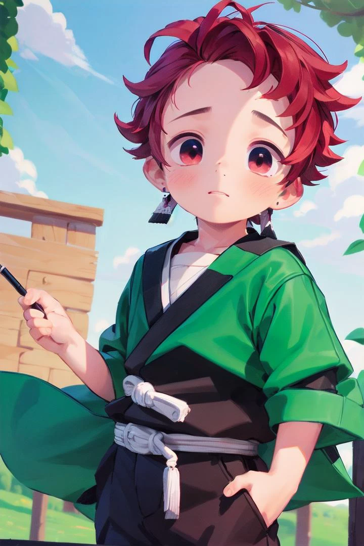 (one -yeld bo.2),(male face details:1.2),more details in eyes,cute,looking at viewer, face,details sky,handsome,young,juvenile,((masterpiece:1.4,best quality)),multiple details, eyeshadow,sfw, full shot, green valley, <lora:Tanjiro:0.7> (TANJIRO), (ORIGINALOUTFIT), (SCAR,SCAR ON FOREHEAD, CHECKERED CLOTHES, 1BOY, RED HAIR),<lora:add_detail:0.2>, green and black clothes, high res, ultra detailed character,
<lora:thebrushking:0.5> thebrushking,