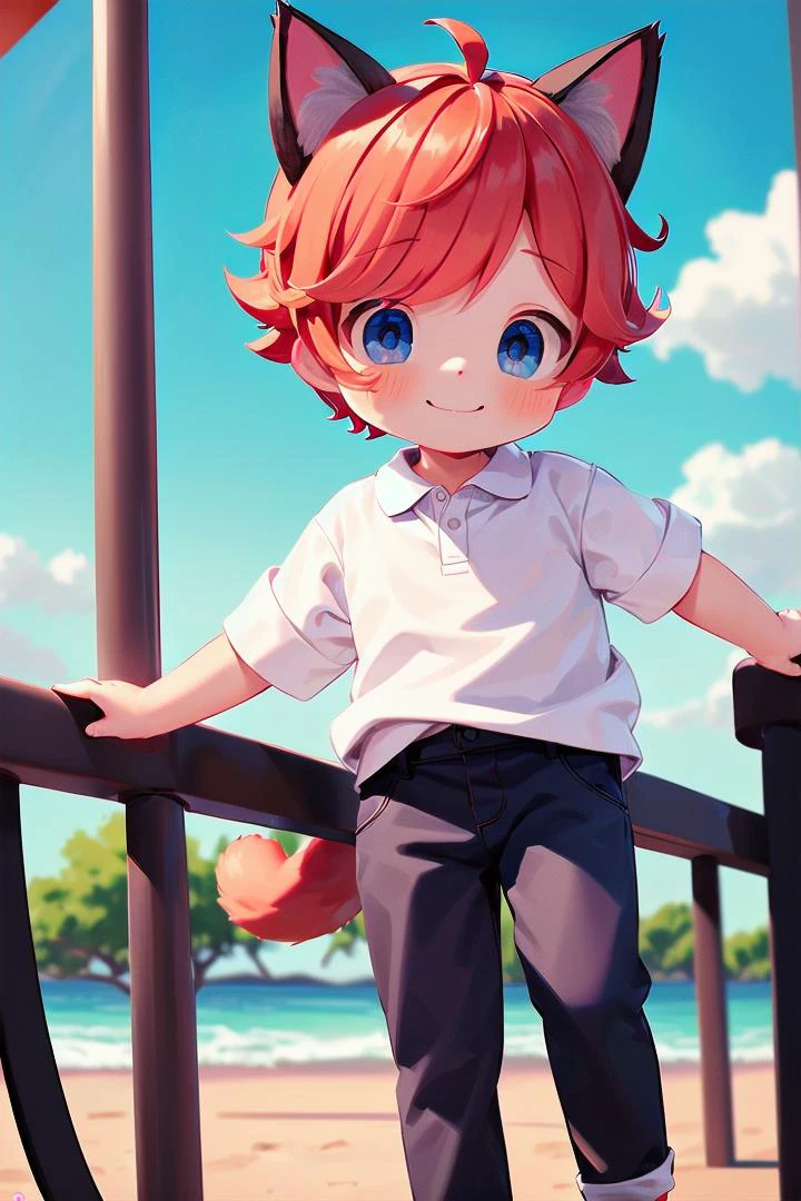 beach, smile, ( crimson cat ears:1.4), (red ears), multicolored hair,1 boy, male face, male body, more details in eyes, very short hair, hair between eyes, cute, adorable boy, cute face, detailed face, handsome, young, juvenile, colorful hair, white skin, colorful eyes, multicolored eyes, eyeshadow, crew cut, crimson hair, (muscular:0.4),(male focus:1.3),
details sky, ((masterpiece:1.4,best quality)), multiple details, looking at viewer, blush, blue eyes, full shot,
(pants), (white polo shirt),
<lora:thebrushking:0.5> thebrushking,