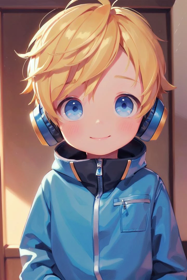 multiple details, sky, forest,
(12-year-old boy:1.4), hair between eyes, (very short hair), petite, young, juvenile, detailed beautiful little boy, adorable boy, ultra detailed face, (male focus:1.4), head tilted,
crew cut, (blonde hair:1.2),
blue eyes, beautiful eyes (vocaloid), high light in eyes, sparkling eyes, ultra detailed eyes,
blue headphones,
handsome, medium close up, jacket with high collar,
delicate features, smile,
looking at viewer,
The soft lighting and detailed surroundings create an immersive environment where imagination runs wild,
8k UHD,
<lora:thebrushking:0.5> thebrushking,
