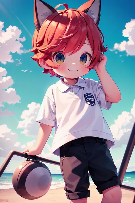 beach, smile, ( crimson cat ears:1.4), (red ears), multicolored hair,1 boy, male face, male body, more details in eyes, very short hair, hair between eyes, cute, adorable boy, cute face, detailed face, handsome, young, juvenile, colorful hair, white skin, colorful eyes, multicolored eyes, eyeshadow, crew cut, crimson hair, (muscular:0.4),(male focus:1.3),
details sky, ((masterpiece:1.4,best quality)), multiple details, looking at viewer, blush, blue eyes, full shot,
(pants), (white polo shirt),
<lora:thebrushking:0.5> thebrushking,