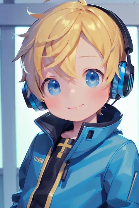 multiple details, sky, forest,
(***************:1.4), hair between eyes,  (very short hair), petite, young, juvenile, detailed beautiful **********, adorable boy, ultra detailed face, (male focus:1.4), head tilted,
crew cut, (blonde hair:1.2),
blue eyes, beautiful eyes (vocaloid), high light in eyes, sparkling eyes, ultra detailed eyes,
blue headphones,
handsome, medium close up, jacket with high collar,
delicate features, smile,
looking at viewer,
The soft lighting and detailed surroundings create an immersive environment where imagination runs wild,
8k UHD,
 <lora:thebrushking:0.5> thebrushking,