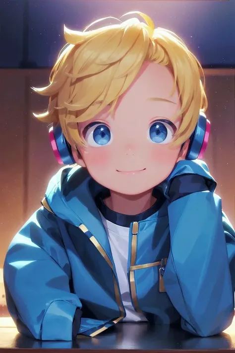 multiple details, sky, forest,
(***************:1.4), hair between eyes,  (very short hair), petite, young, juvenile, detailed beautiful **********, adorable boy, ultra detailed face, (male focus:1.4), head tilted,
crew cut, (blonde hair:1.2),
blue eyes, beautiful eyes (vocaloid), high light in eyes, sparkling eyes, ultra detailed eyes,
blue headphones,
handsome, medium close up, jacket with high collar,
delicate features, smile,
looking at viewer,
The soft lighting and detailed surroundings create an immersive environment where imagination runs wild,
8k UHD,
<lora:thebrushking:0.5> thebrushking,